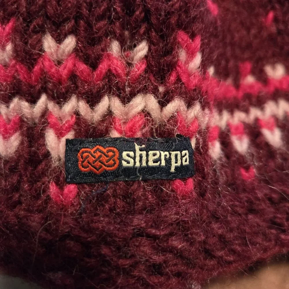 Sherpa Adventure Gear Knit Pom Beanie Hat Burgundy Pink Geometric Fleece L/XL